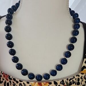 Vintage Chunky Navy Blue Beaded Necklace 11 1/2" Long Molded Beads
